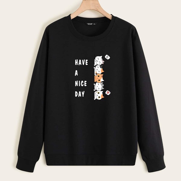 

Plus Slogan And Cat Print Sweatshirt, Black