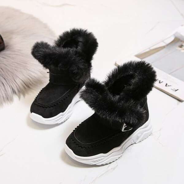 

Girls Buckle Decor Plush Lined Boots, Black