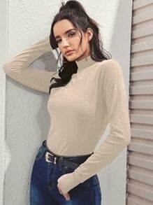 Camiseta con agujeros de pulgar de cuello alto unicolor - Albaricoque - Ver 4