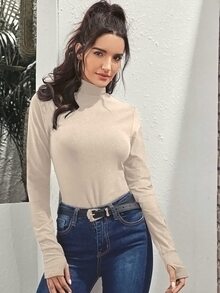 Camiseta con agujeros de pulgar de cuello alto unicolor - Albaricoque - Ver 5