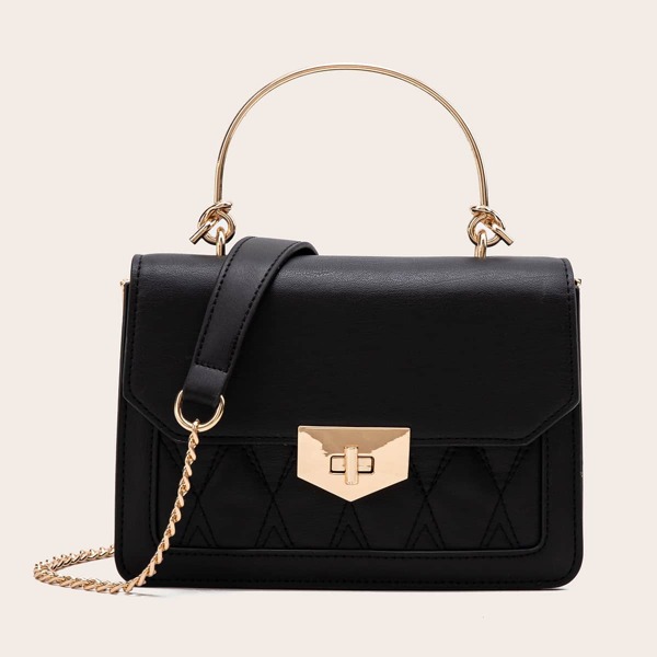 

Metal Turn-Lock Flap Chain Crossbody Bag, Black