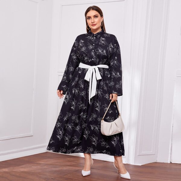 

Plus Allover Floral Print Belted Shirt Dress, Black