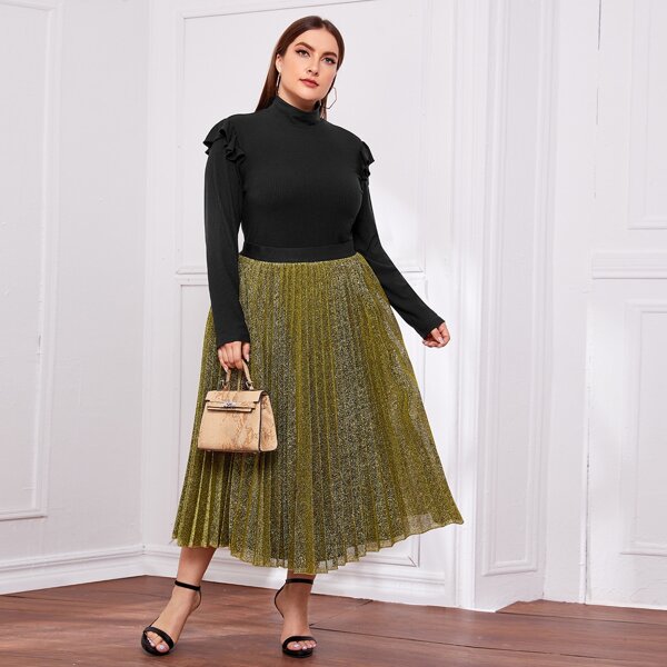 

Plus Mock Neck Ruffle Trim Top & Glitter Pleated Skirt Set, Multicolor