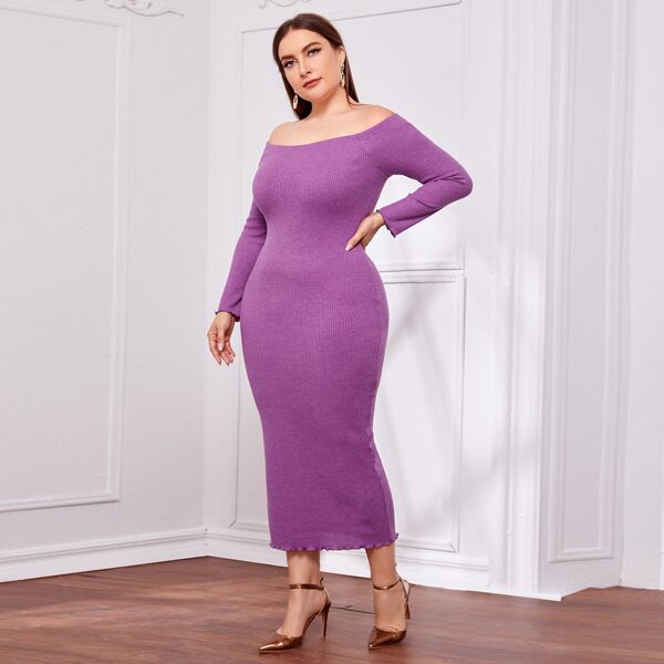 

Plus Off Shoulder Lettuce Hem Rib-knit Dress, Purple