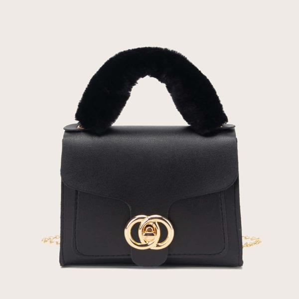 

Faux Fur Handle Flap Satchel Bag, Black