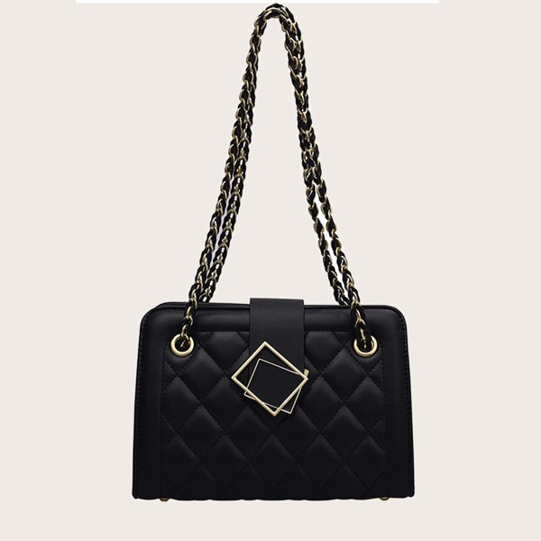 

Geometric Decor Quilted Shoulder Bag, Black