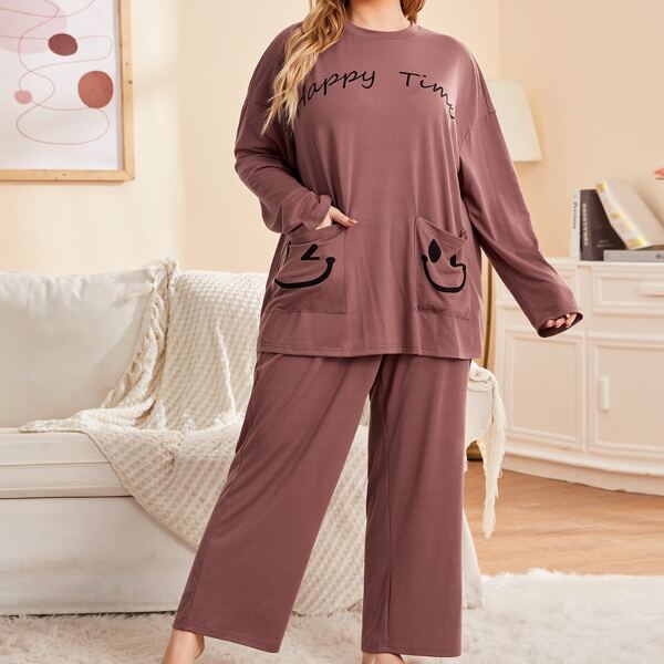 

Пижама размера плюс с текстовым и мультипликационным принтом, Лиловый фиолетовый