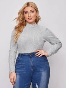 SHEIN Plus Mock Neck Rib-knit Tee - Light Grey - View 4