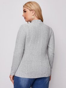 SHEIN Plus Mock Neck Rib-knit Tee - Light Grey - View 2