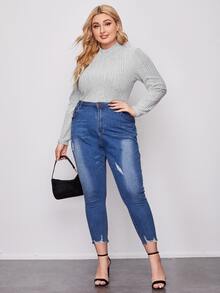 SHEIN Plus Mock Neck Rib-knit Tee - Light Grey - View 5