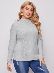 SHEIN Plus Mock Neck Rib-knit Tee - Light Grey - View 1