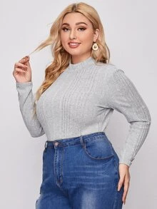 SHEIN Plus Mock Neck Rib-knit Tee - Light Grey - View 3
