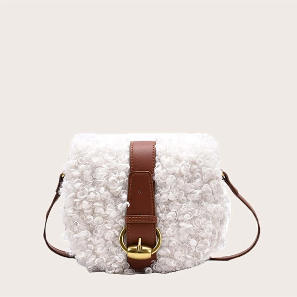 

Buckle Decor Fluffy Crossbody Bag, White