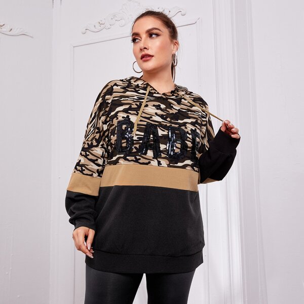 

Plus Sequin Letter Embroidered Camo Hoodie, Multicolor