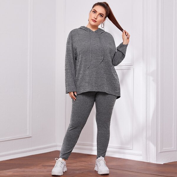 

Plus Drawstring Detail Rib-knit Hoodie & Leggings Set, Dark grey