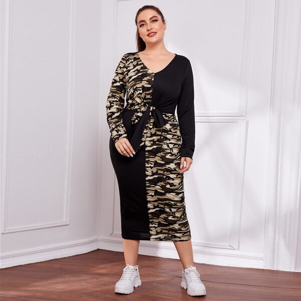 

Plus Tie Waist Camo Dress, Multicolor