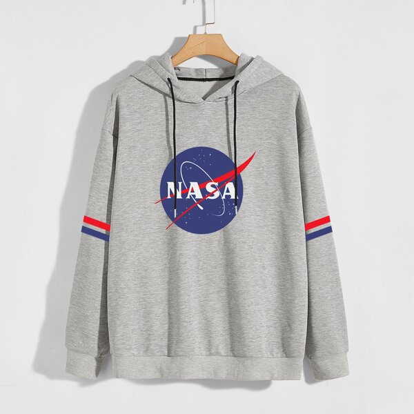 

Men Letter Graphic Striped Hoodie, Grey