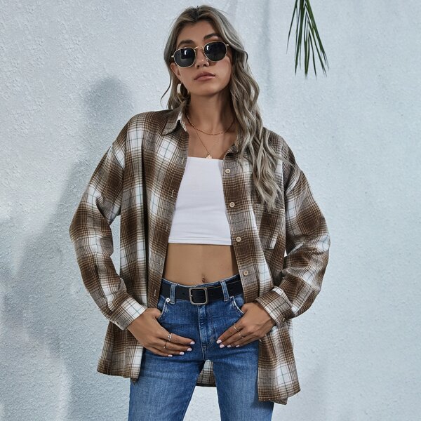 

Drop Shoulder Patch Pocket Plaid Longline Blouse, Multicolor