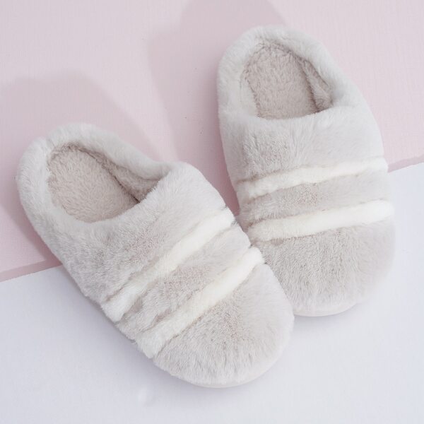 

Color Block Fluffy Slippers, Beige