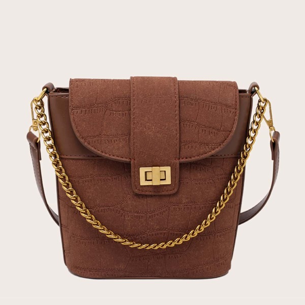 

Croc Embossed Turn-Lock Bucket Bag, Brown