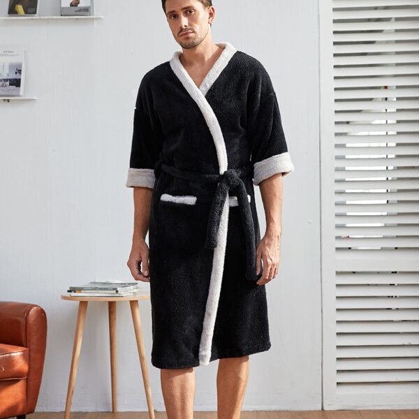 

Men Contrast Binding Flannel Belted Robe, Black
