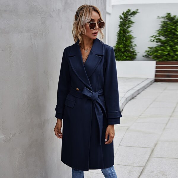 

Double Button Lapel Collar Self Tie Overcoat, Navy blue