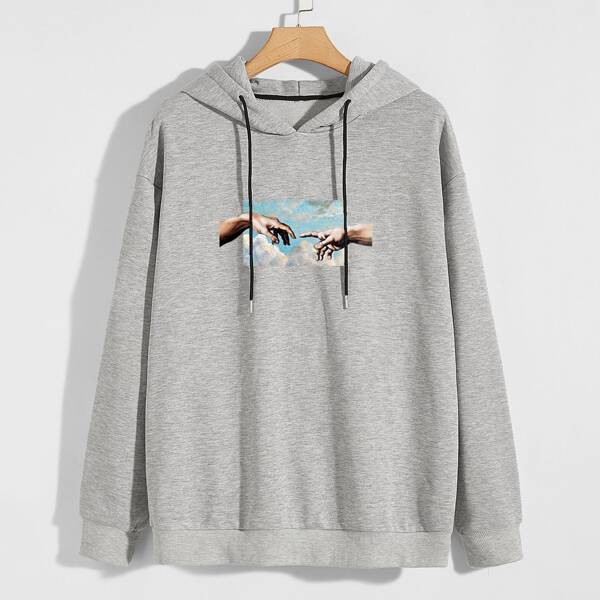 

Men Figure Graphic Drawstring Hoodie, Grey