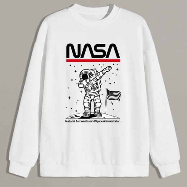 

Men Letter & Astronaut Print Drop Shoulder Sweatshirt, White
