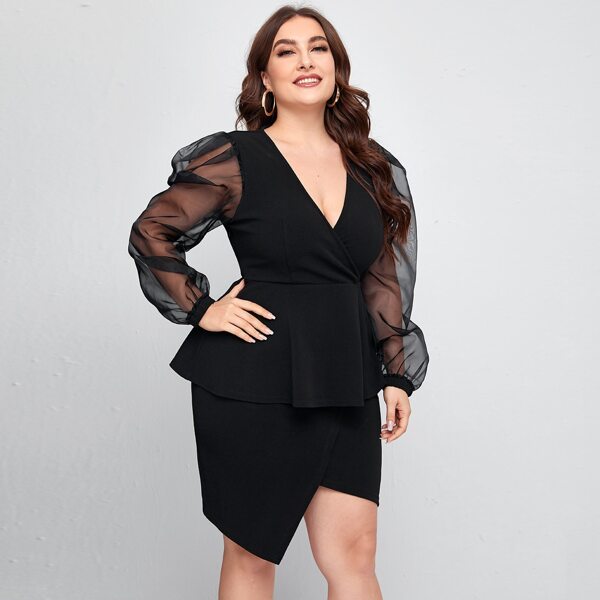 

Plus Sheer Organza Lantern Sleeve Peplum Top & Asymmetrical Hem Skirt Set, Black