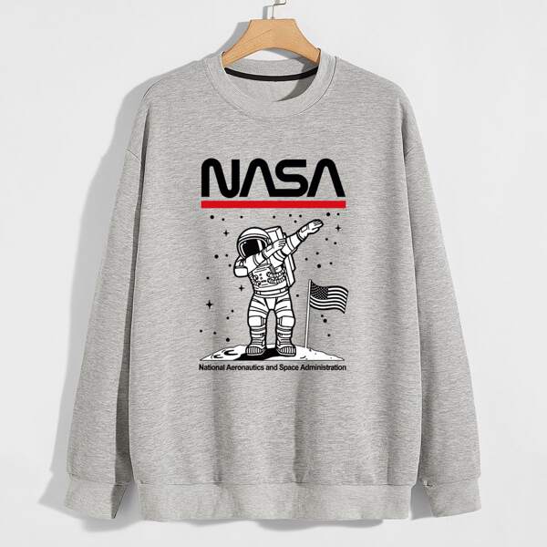 

Men Letter & Astronaut Print Drop Shoulder Sweatshirt, Grey