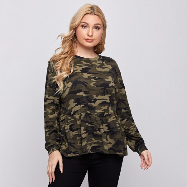

Plus Drop Shoulder Camo Peplum Top, Multicolor