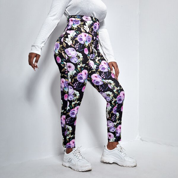 

Plus Wide Waistband Floral Print Leggings, Multicolor