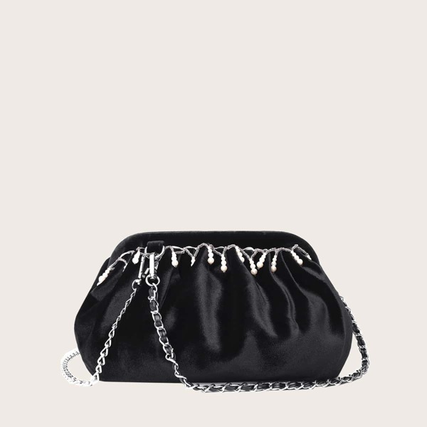 

Faux Pearl Decor Ruched Bag, Black