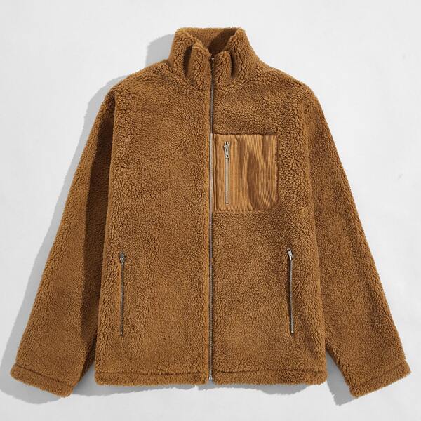 

Men Zipper Patch Pocket Teddy Jacket, Brown