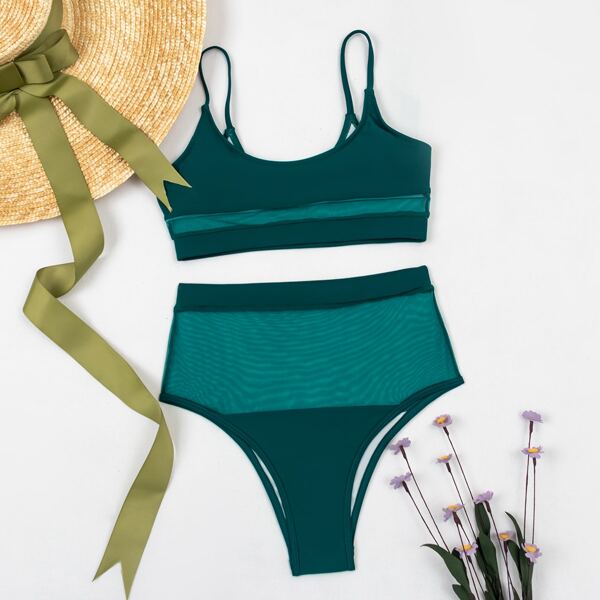 

Contrast Mesh High Waisted Bikini Swimsuit, Teal blue