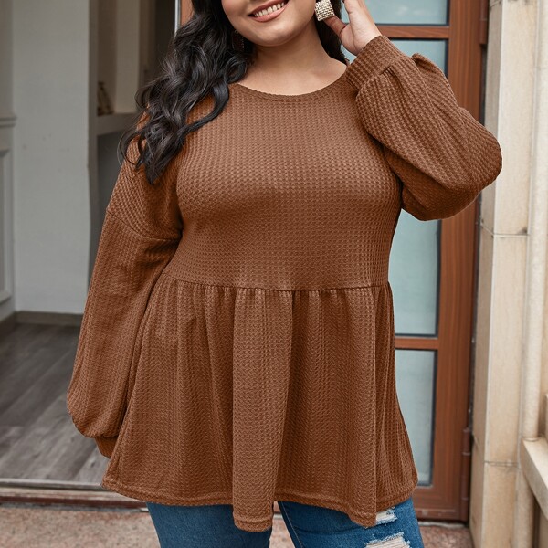 

Plus Ruffle Hem Waffle Knit Tee, Coffee brown