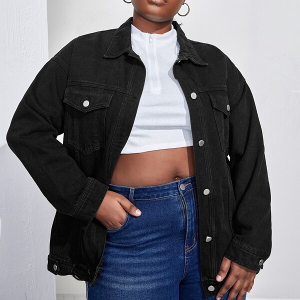 

Plus Drop Shoulder Buttoned Denim Trucker Jacket, Black