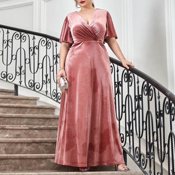 

Plus Velvet Surplice Neck Butterfly Sleeve Prom Dress, Dusty pink