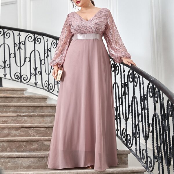 

Plus Embroidery Mesh Panel Chiffon Prom Dress, Dusty pink
