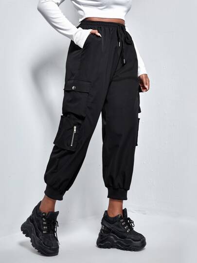 Black Plus Flap Pocket Drawstring Cargo Pants