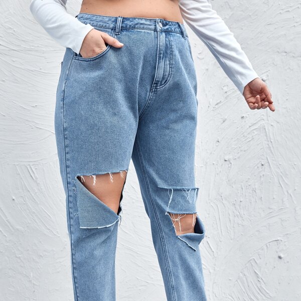 

Plus High Waist Ripped Mom Jeans, Light wash