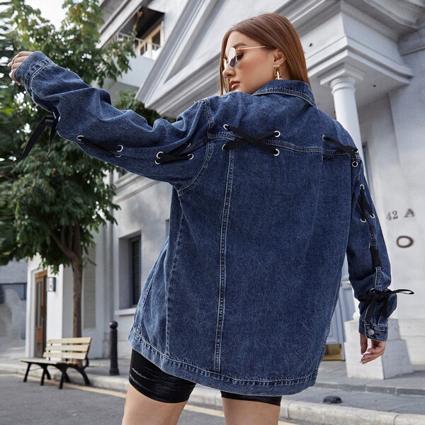 

Plus Lace Up Detail Denim Trucker Jacket, Dark wash