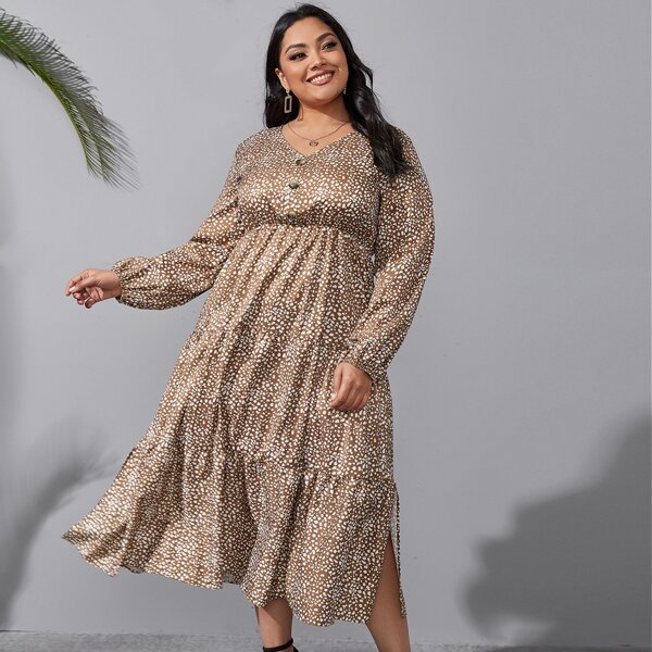 

Plus Allover Print Split Ruffle Hem Dress, Mocha brown