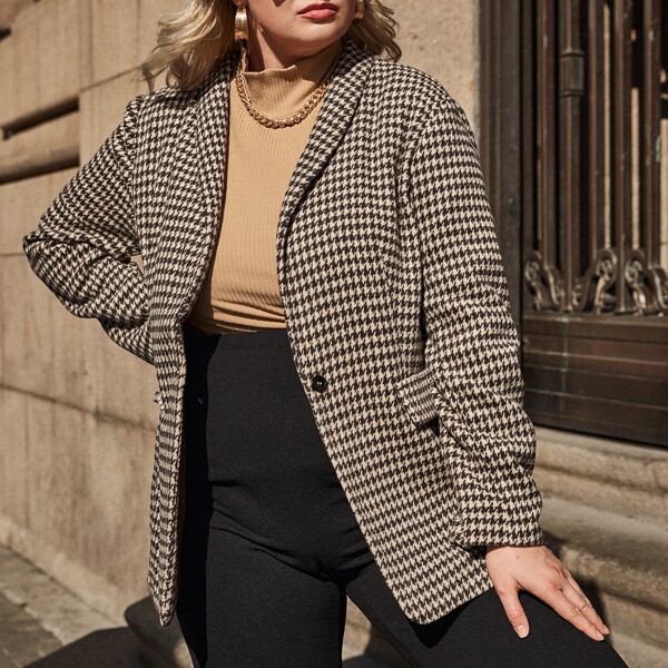 

Plus Shawl Collar Houndstooth Single Button Blazer, Multicolor