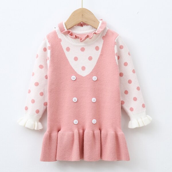 

Toddler Girls Polka Dot Frill Neck Combo Sweater Dress, Coral pink