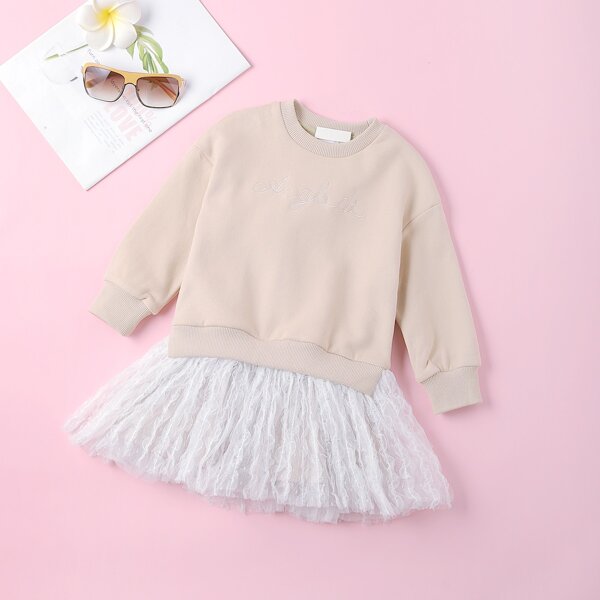 

Toddler Girls Contrast Mesh Letter Embroidery Sweatshirt Dress, Apricot