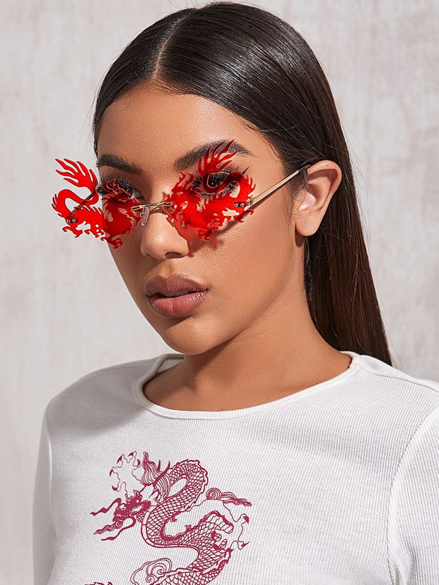 Rimless Dragon Frame Fashion Glasses - Red - View 1