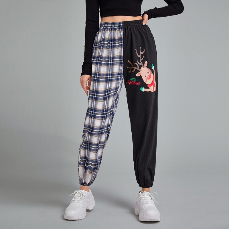 

Christmas Letter Deer Graphic Contrast Plaid Joggers, Multicolor
