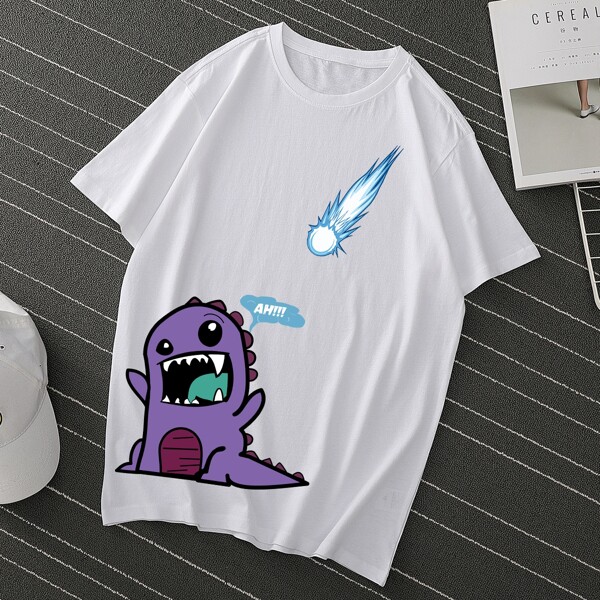

Men Letter & Dinosaur Print Tee, White