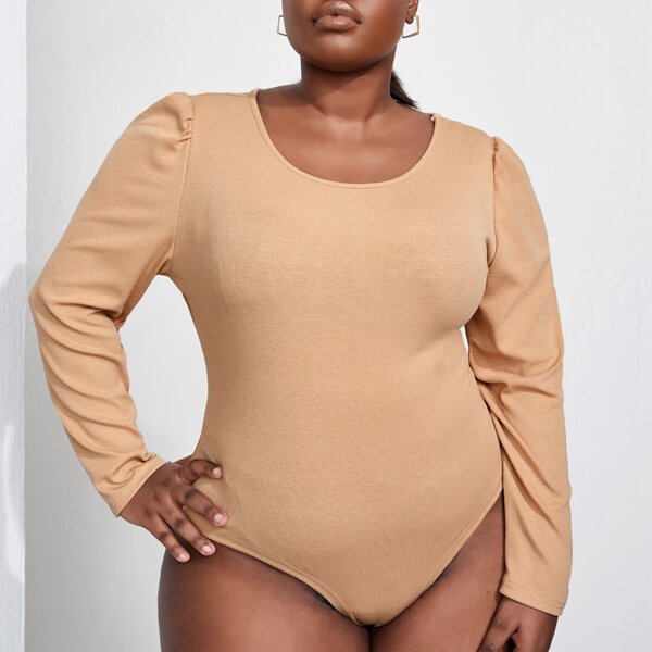 

Plus Round Neck Solid Bodysuit, Khaki